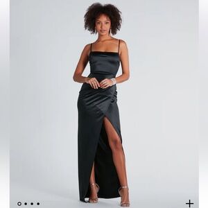 Black long formal gown, satin with front slit